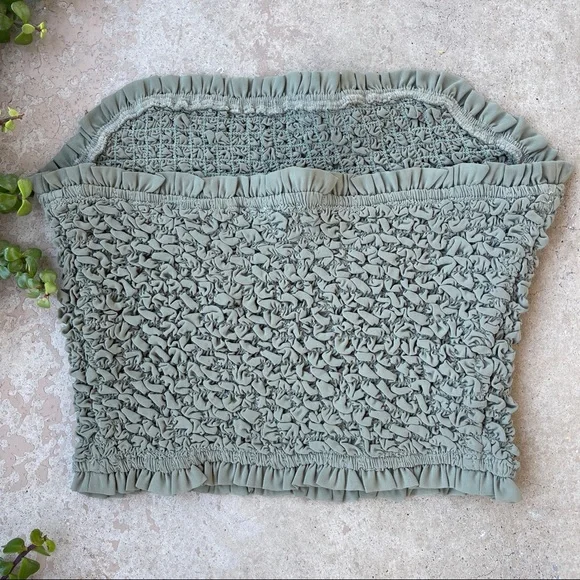 Ramy Brook Smocked Popcorn Stretch Tube Top in Olive, Fits a Large - Picture 3 of 4